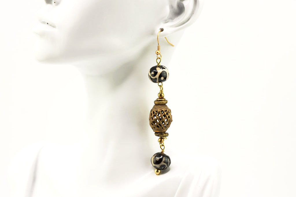 Brass Ovals Earrings | Bone Beads Earrings | Nastava Jewelry